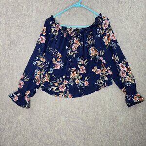 Rue21 Women Floral Off-The-Shoulder Navy Blouse Size M Polyester Long Sleeve